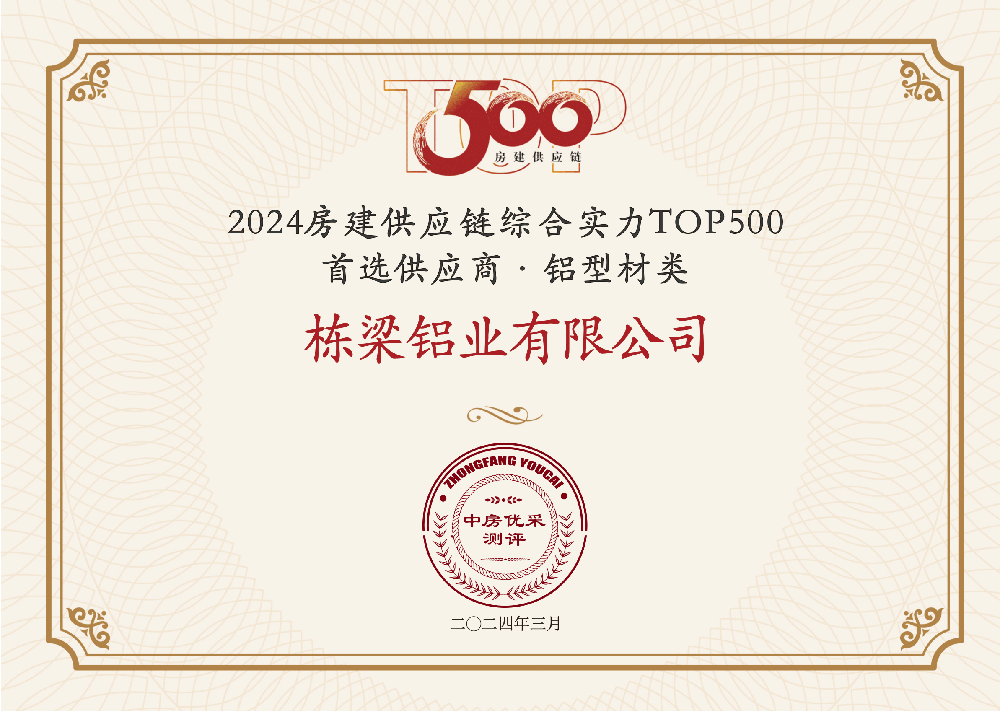 栋梁铝业荣获“房建供应链企业综合实力TOP500-首选土建材料类品牌·铝型材类”10强！